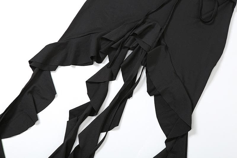 Lace up solid ruffle backless irregular tube mini dress - View 7