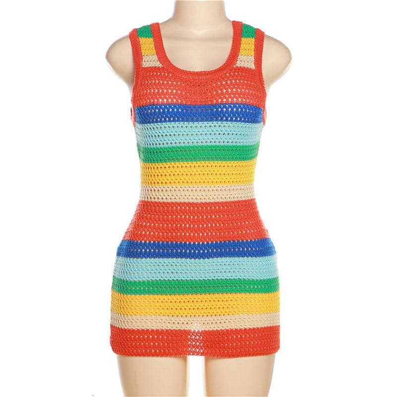 Crochet Rainbow Stripe Scoop Neck Sleeveless Bodycon Mini Dress - View 2