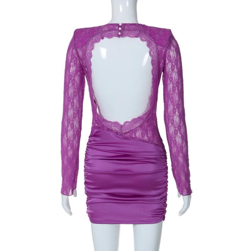 Lace see through satin ruched hollow out long sleeve mini dress - View 3