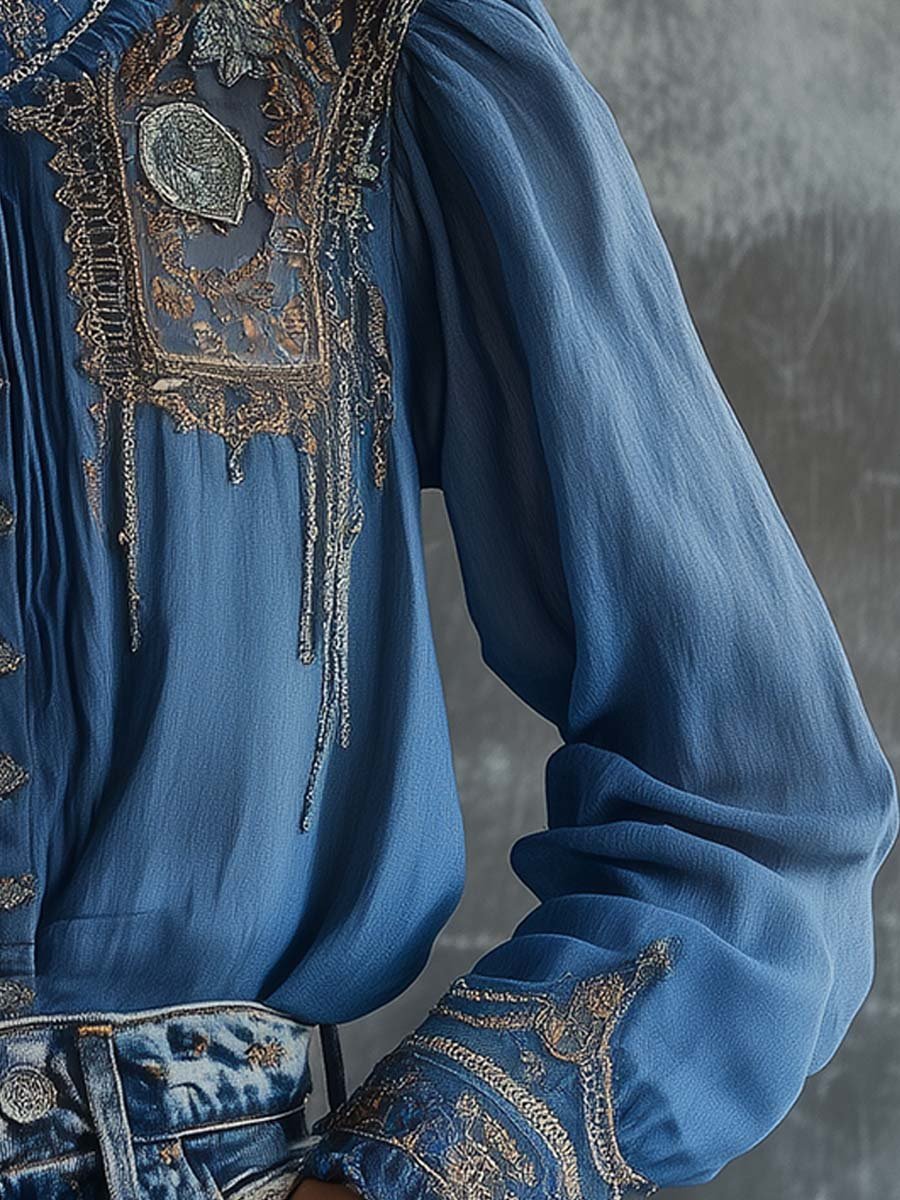 Regal Charm Embroidered Blue Lace Blouse - Fashionpara