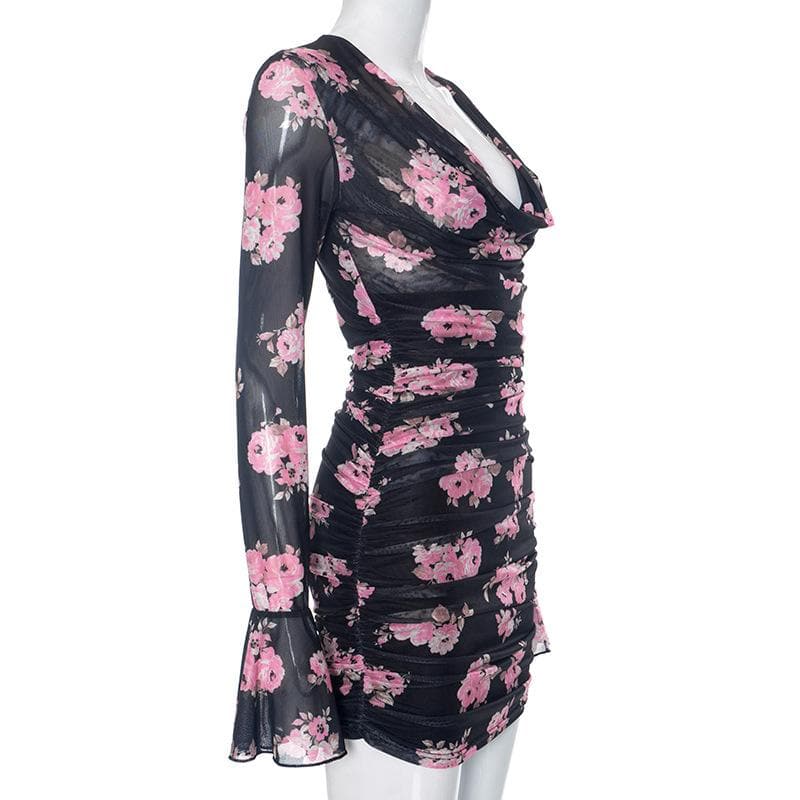 Floral Print Cowl Neck Long Sleeve Ruched Sheer Mesh Mini Dress - View 3