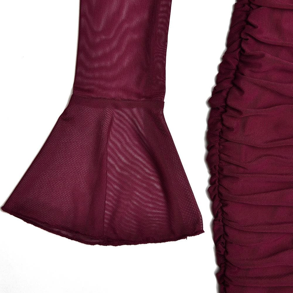 Mesh solid long sleeve turtle neck ruched zip-up mini dress - View 9
