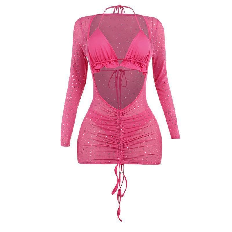 Rhinestone Sheer Mesh Long Sleeve Halter Ruched Cut Out Mini Dress