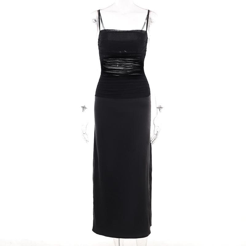 Mesh patchwork zip-up solid backless ruched cami midi dress - View 2