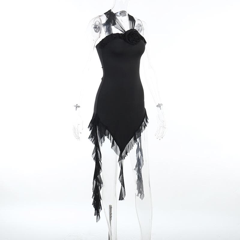 Strapless Flower Applique Ruffle Asymmetric Mini Dress - View 3