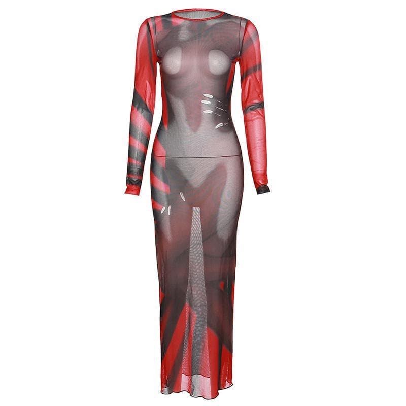 Long sleeve contrast sheer mesh see through midi dress - View 9