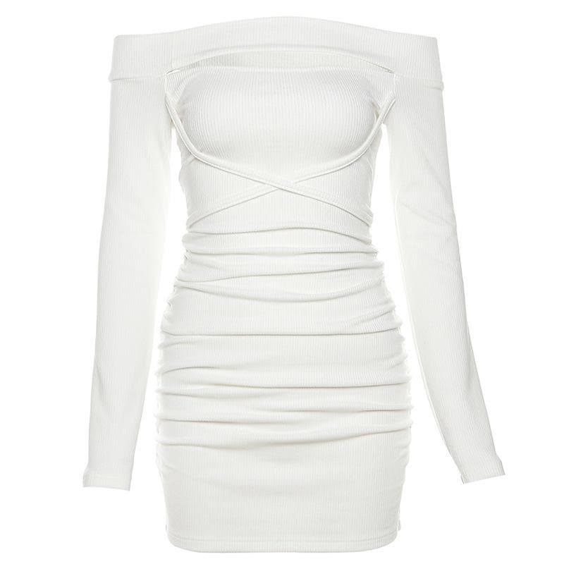 Lace up solid hollow out off shoulder long sleeve mini dress - View 4