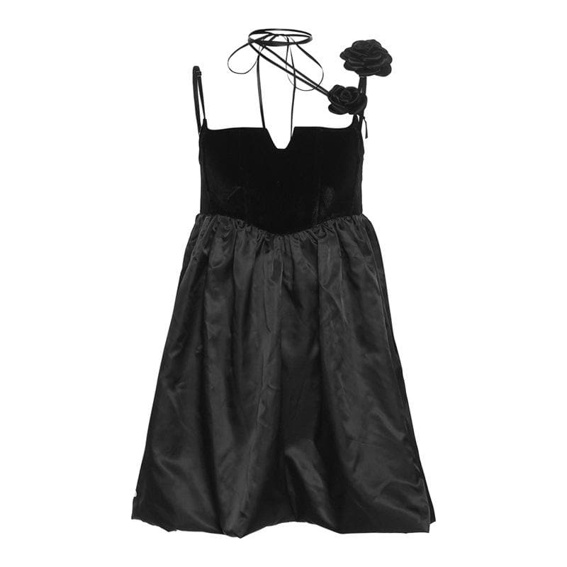 Velvet Notch Neck Spaghetti Strap Flower Applique Bubble Mini Dress