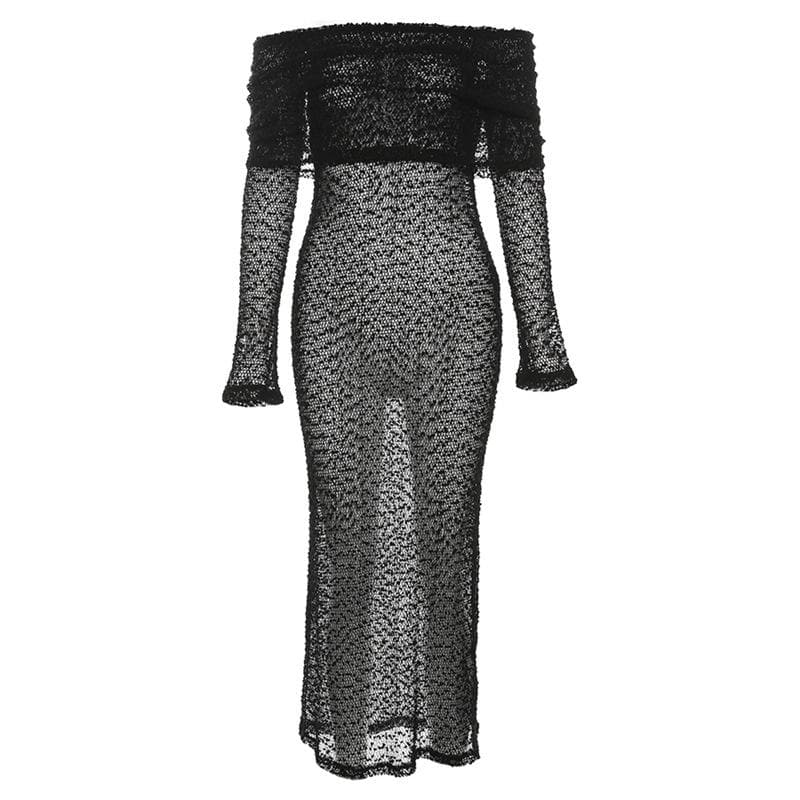 Textured glitter off shoulder long sleeve see through maxi dress - View 2