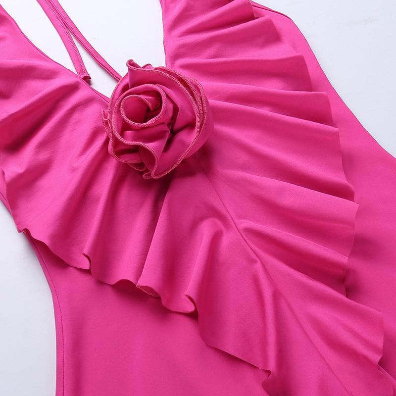 Halter Neck Flower Applique Ruffle Handkerchief Hem Mini Dress - View 7