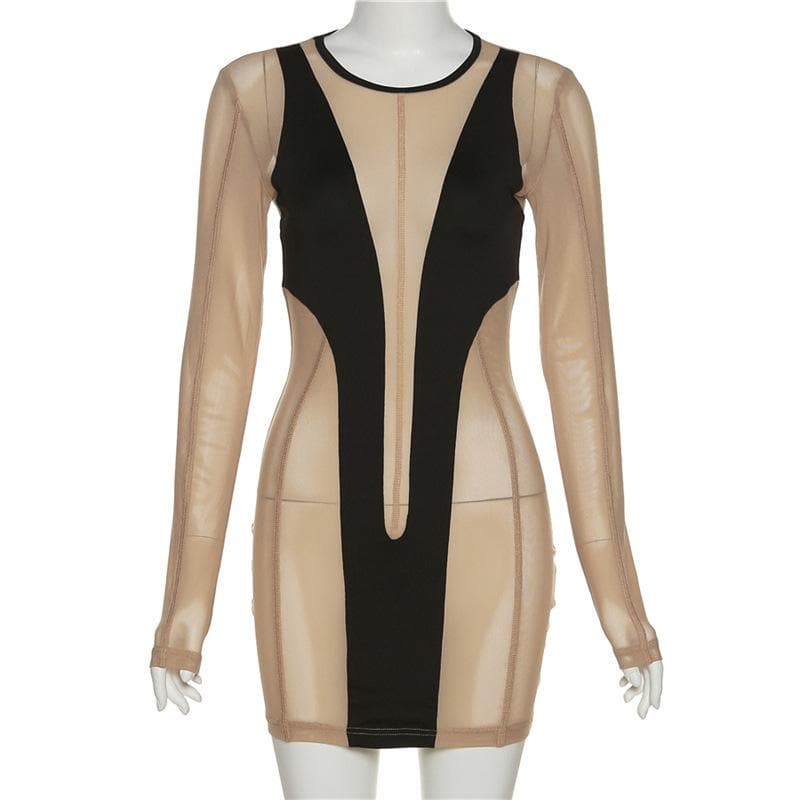 Long sleeve round neck contrast mesh patchwork mini dress - View 8