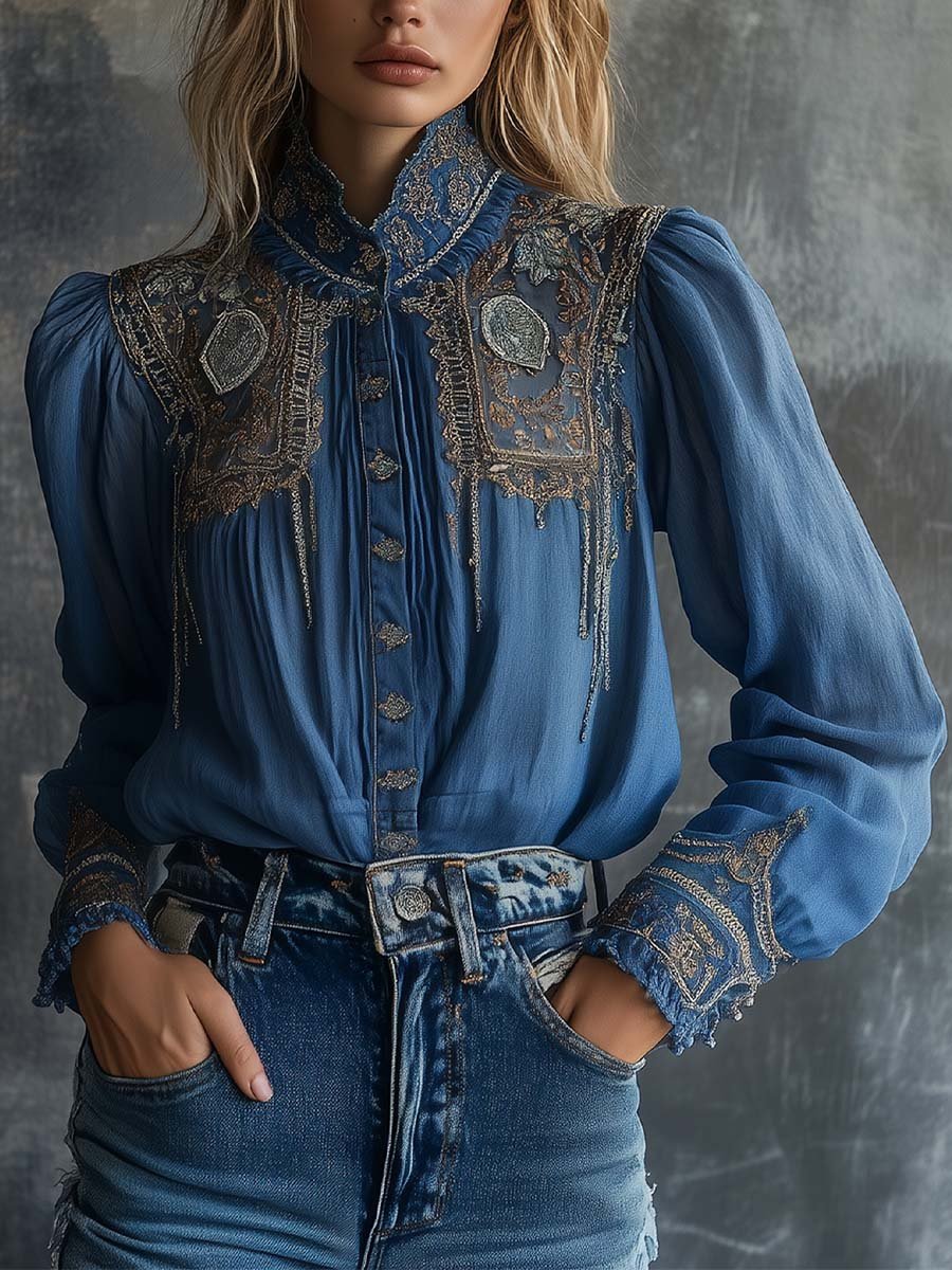 Regal Charm Embroidered Blue Lace Blouse - Fashionpara