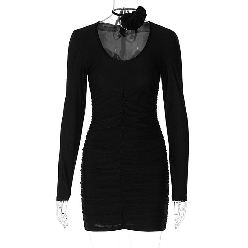 Scoop Neck Long Sleeve Ruched Rosette Bodycon Mini Dress - View 2