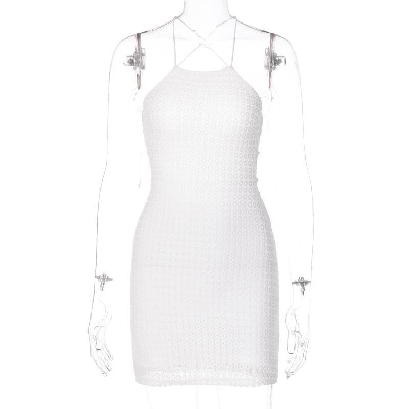 Textured cross back lace up solid backless mini dress - View 8