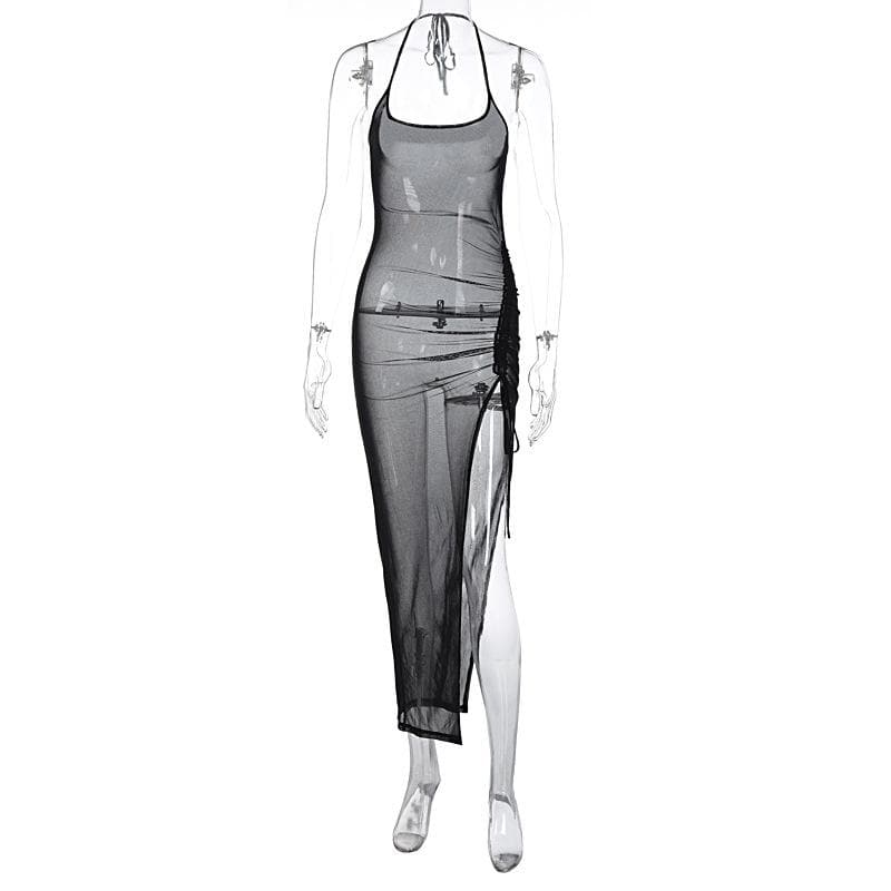 Halter drawstring sheer mesh see through slit backless maxi dress - View 3