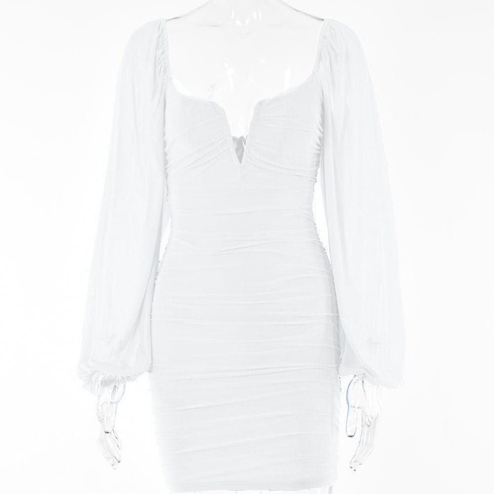 Mesh solid long sleeve ruched notch neck zip-up mini dress - View 11