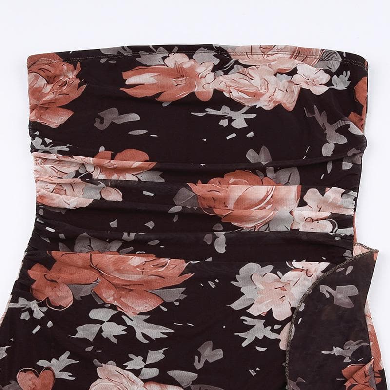Floral Print Mesh Strapless Ruched Ruffle Bodycon Mini Dress - View 5