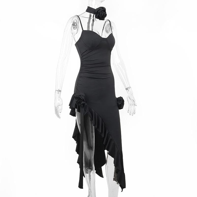 Spaghetti Strap Sweetheart Bustier Ruffle High Split Maxi Dress - View 5