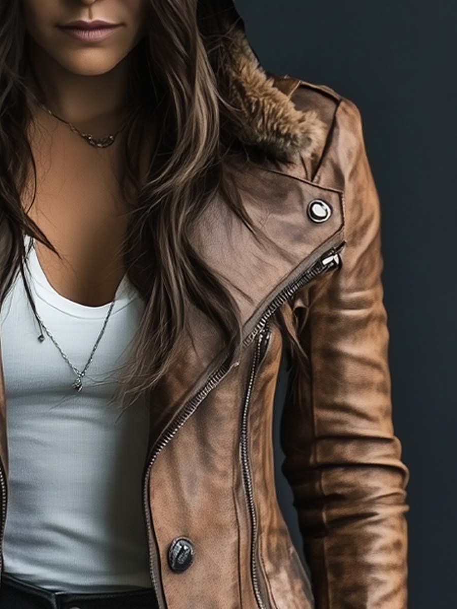 Women's Vintage Fur Collar Zipper Faux Leather Coat - Fashionpara