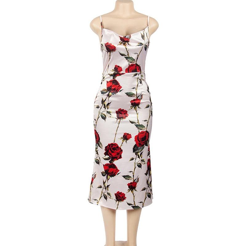 Satin Floral Print Cowl Neck Spaghetti Strap Slip Midi Dress - View 2