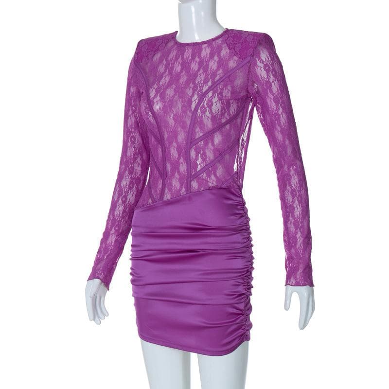 Lace see through satin ruched hollow out long sleeve mini dress - View 8