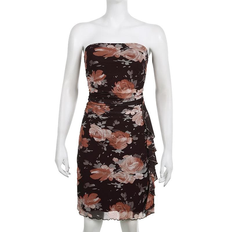 Floral Print Mesh Strapless Ruched Ruffle Bodycon Mini Dress - View 9