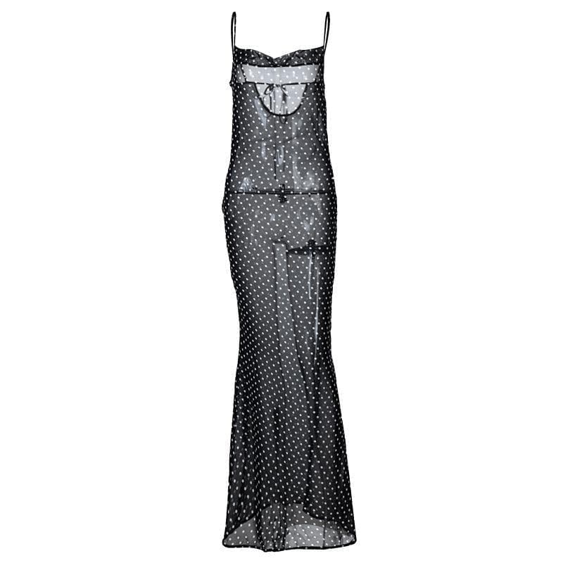 Cowl neck polka dot mesh see through maxi dress - View 2