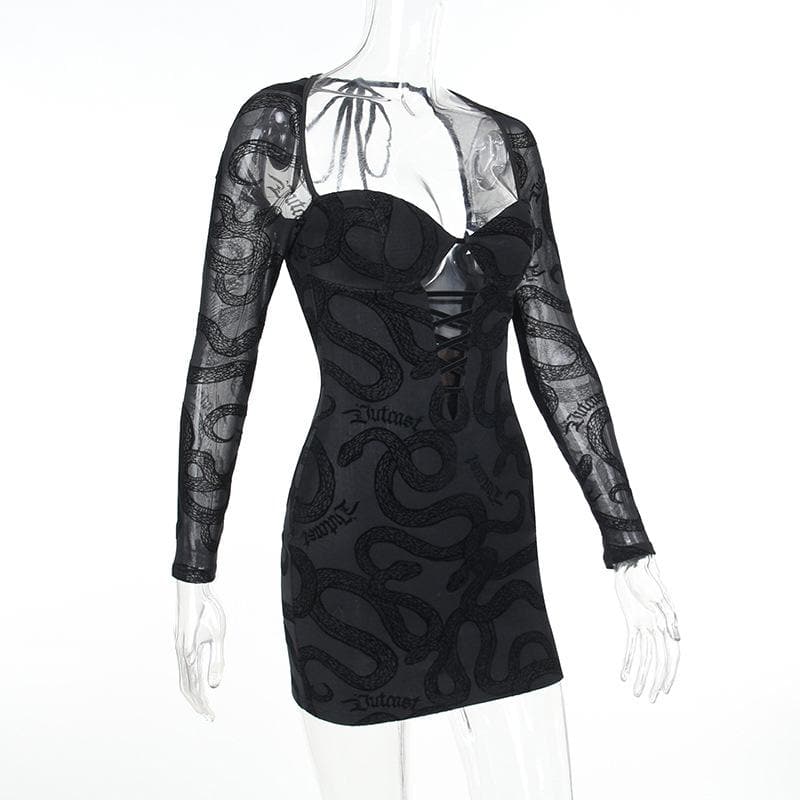 Mesh self tie long sleeve solid lace up mini dress - View 3