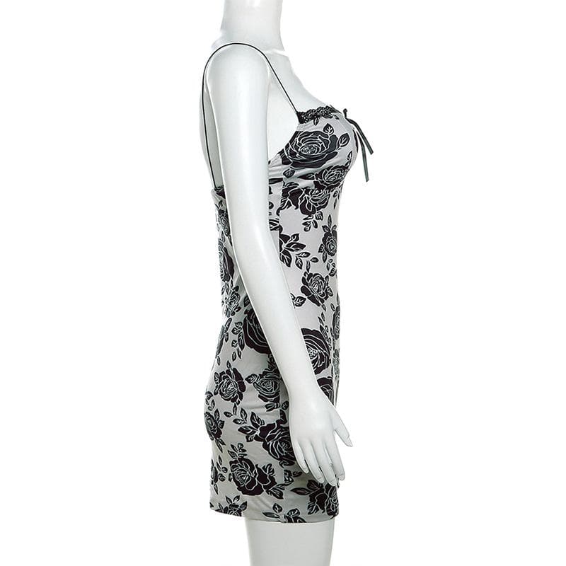 Rose print lace hem contrast spaghetti strap mini dress - View 4