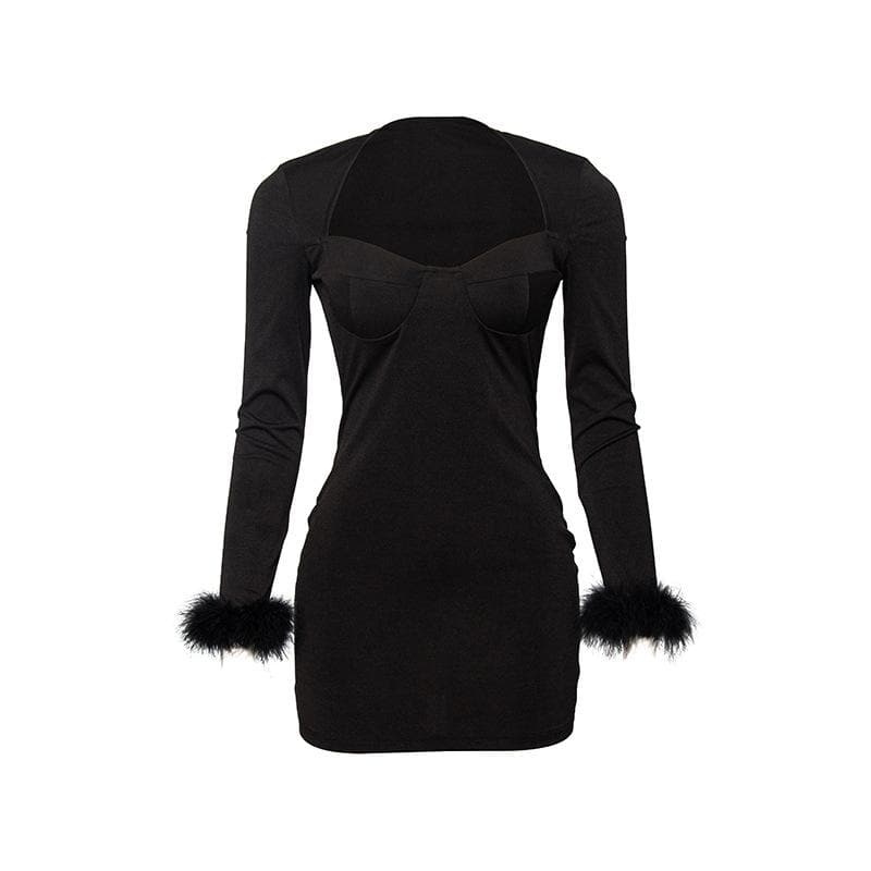 Feather Patchwork Long Sleeve Low Cut Mini Dress - View 2