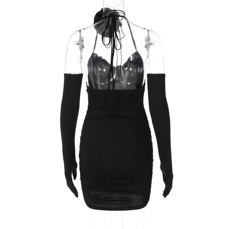 3D Flower Halter Neck Ruched Bodycon Mini Dress - View 4