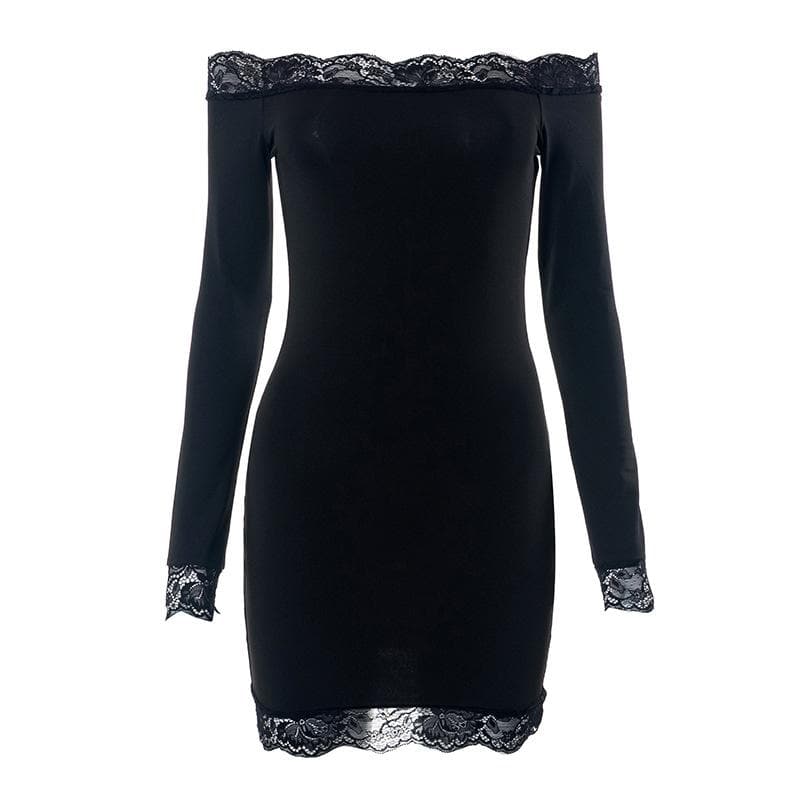 Lace hem solid off shoulder long sleeve mini dress - View 2