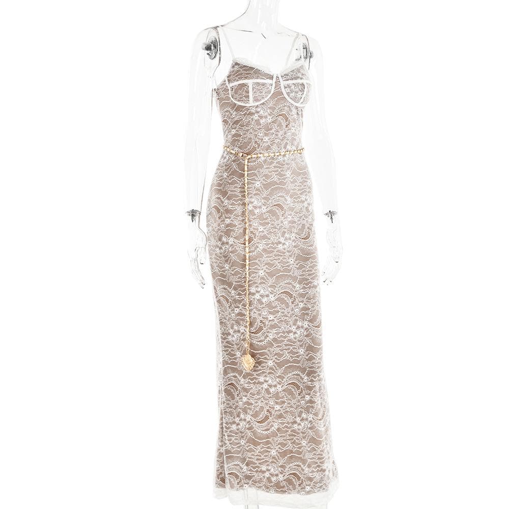 Lace contrast zip-up backless slit cami maxi dress - View 5