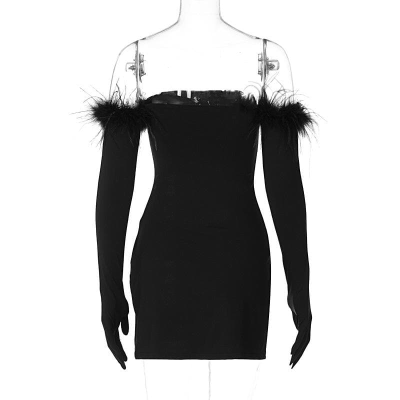 Feather solid slit backless gloves tube mini dress - View 5