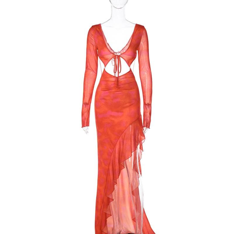 Long sleeve solid mesh slit v neck ruffle hollow out maxi dress - View 8