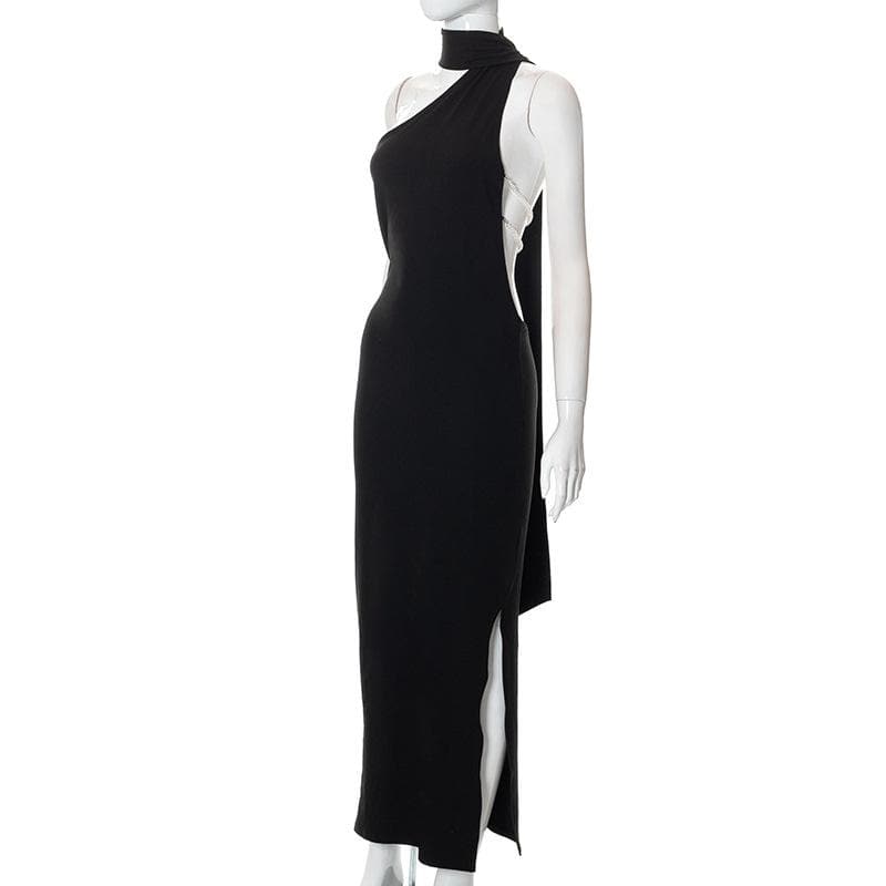 One shoulder backless slit solid halter beaded maxi dress - View 7
