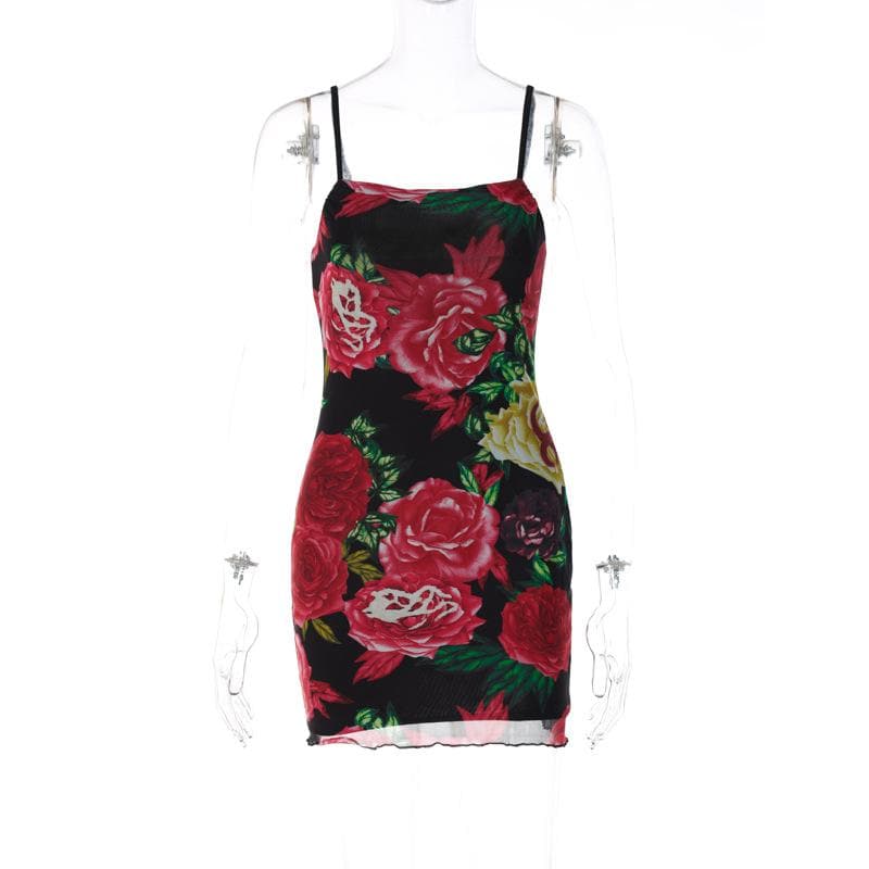 Rose Floral Print Square Neck Spaghetti Strap Bodycon Mini Dress - View 3