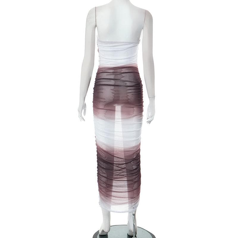 Gradient sheer mesh see through ruched tube maxi dress - View 4