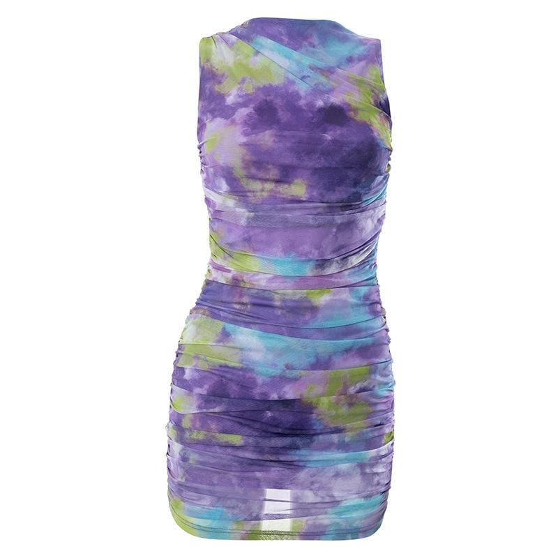 Ruched tie dye sleeveless crewneck mesh mini dress - Final Sale - View 5