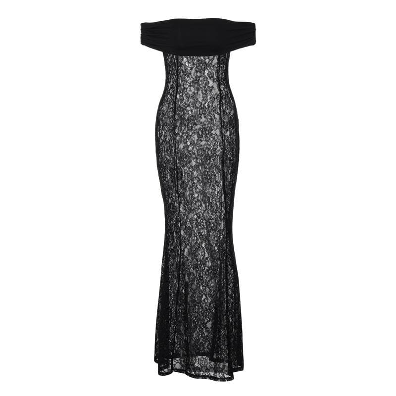 Lace off shoulder see through solid ruched maxi dress - View 2