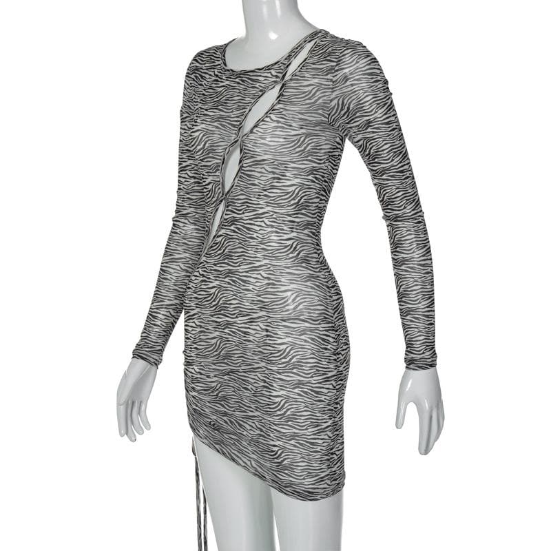 Zebra print hollow out irregular long sleeve sheer mini dress - View 3