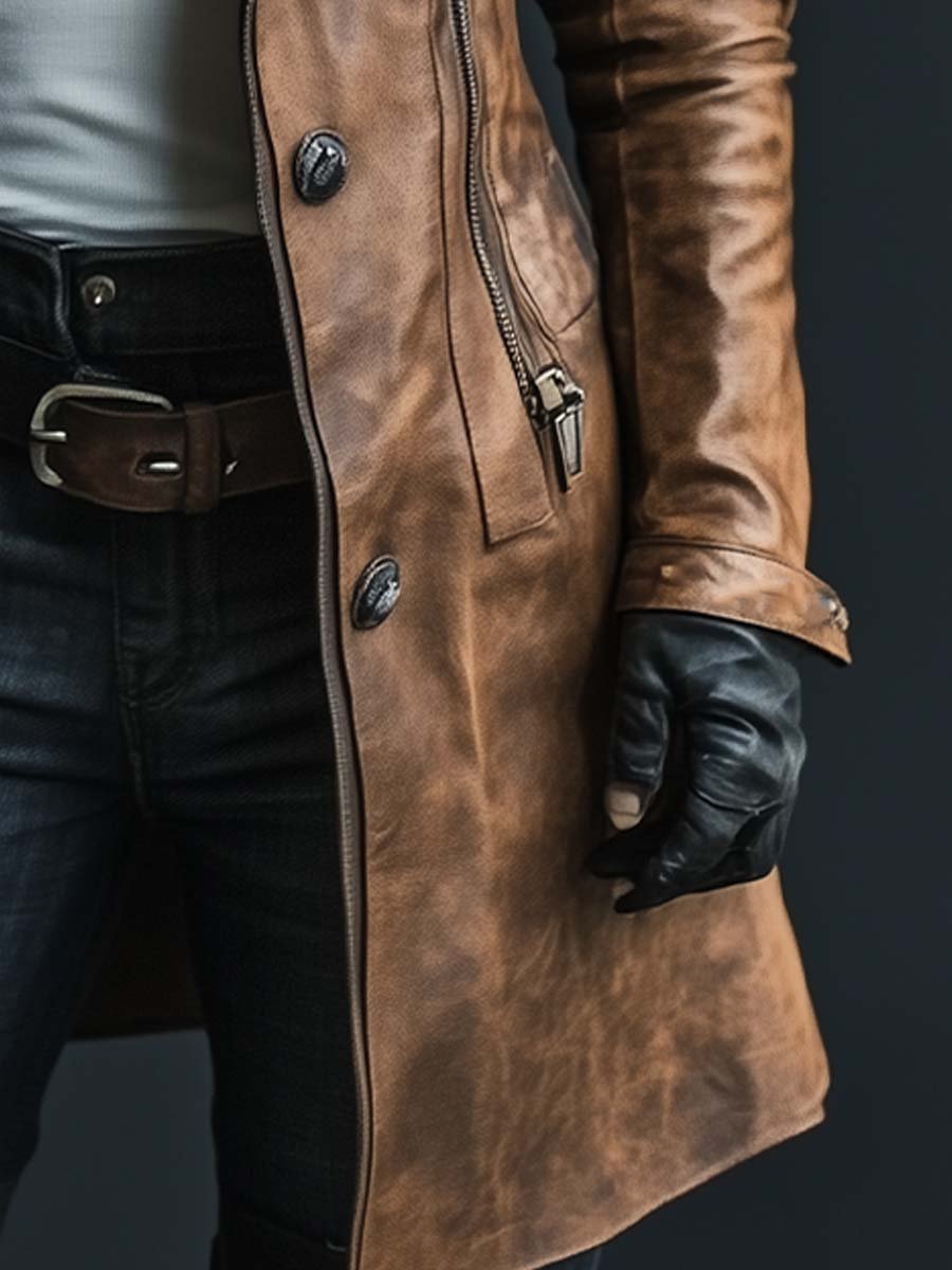 Women's Vintage Fur Collar Zipper Faux Leather Coat - Fashionpara