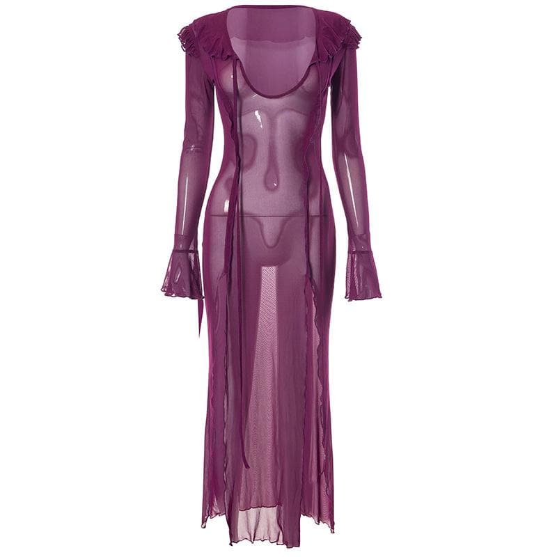 Slit flared sleeve sheer mesh see through u neck low cut maxi dress - View 4