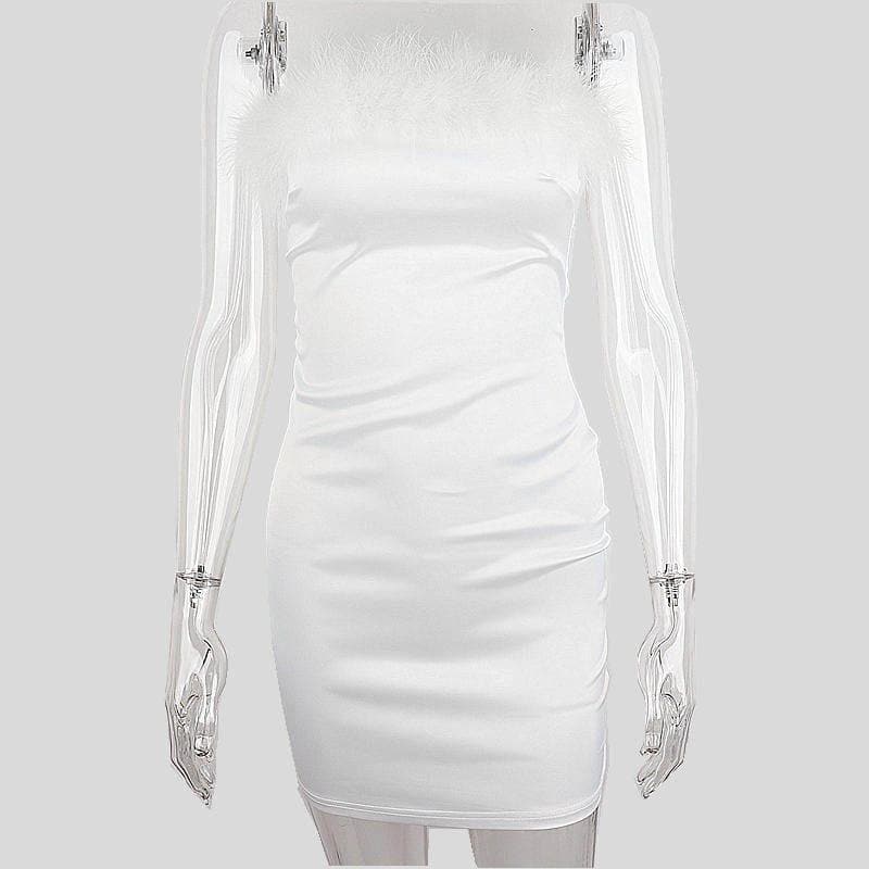 Feather off shoulder solid backless tube dress - View 2