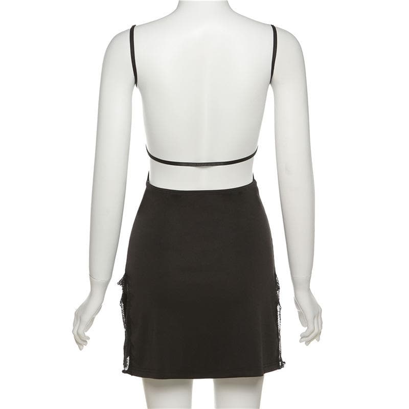 Lace hem solid hollow out backless slit cami mini dress - View 5