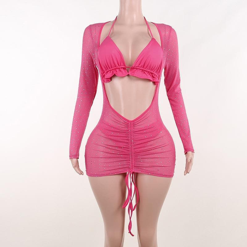 Rhinestone Sheer Mesh Long Sleeve Halter Ruched Cut Out Mini Dress - View 3