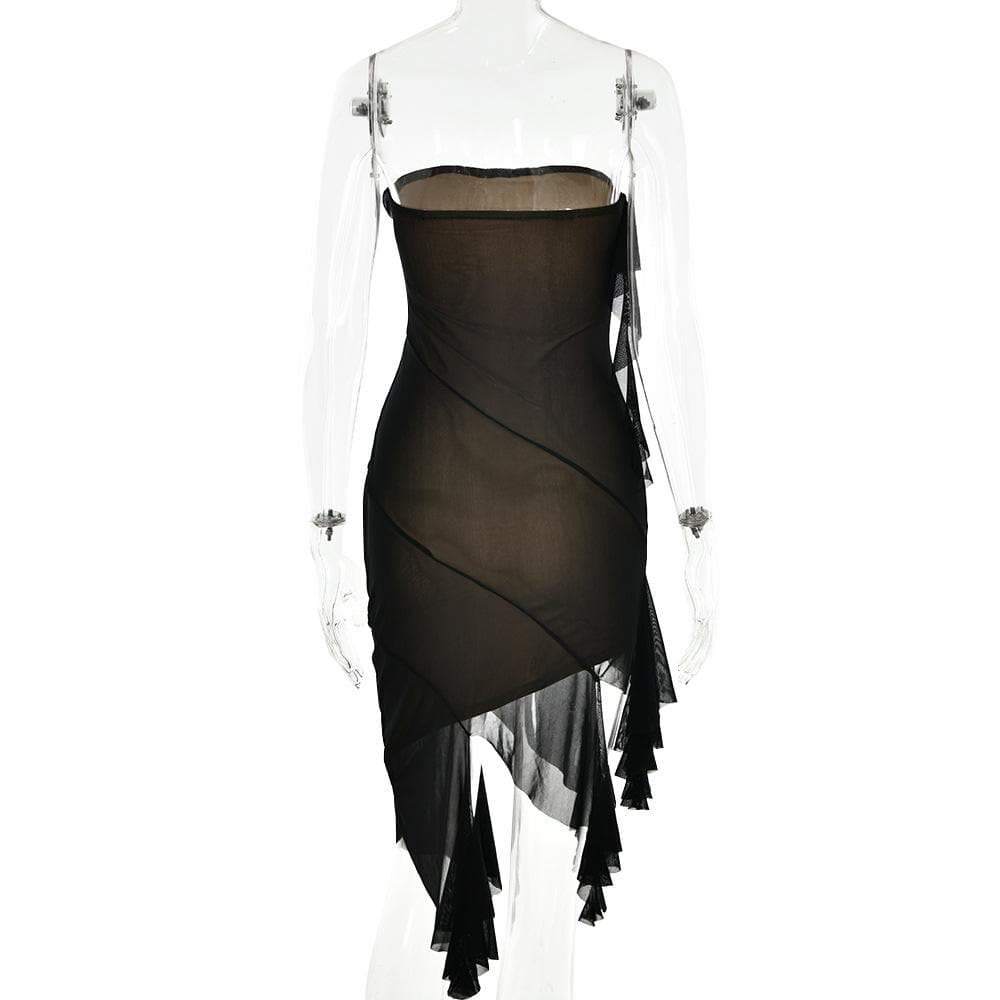Mesh ruffle solid irregular backless tube mini dress - View 4