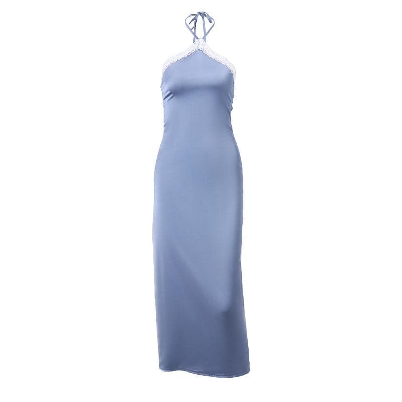 Satin Halter Neck Lace Trim High Split Slip Maxi Dress