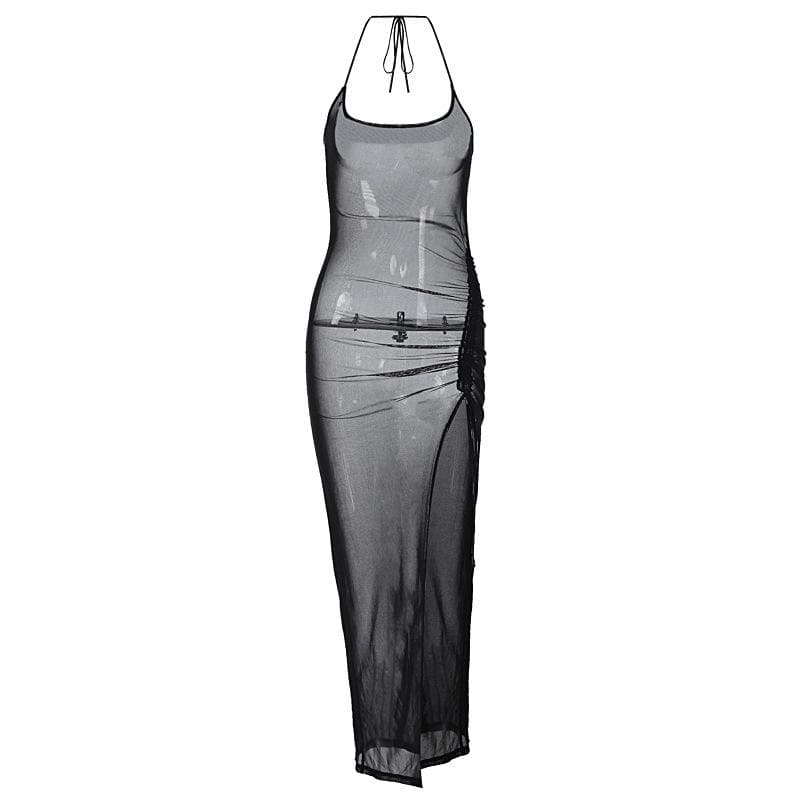 Halter drawstring sheer mesh see through slit backless maxi dress - View 9