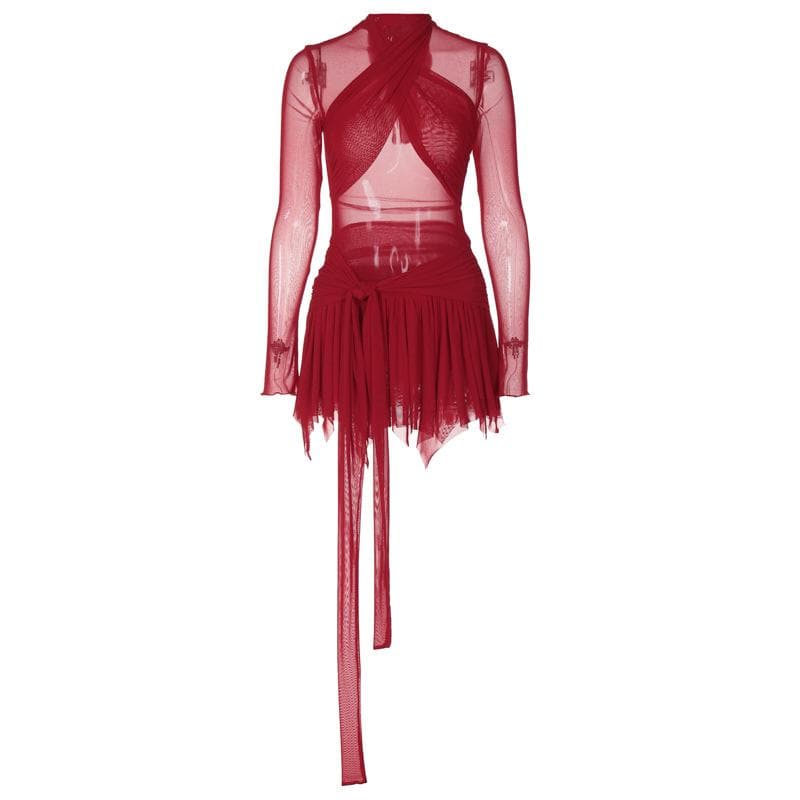 Mesh High Neck Long Sleeve Cross Front Ruffle Mini Dress
